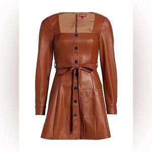 New STAUD Oz Faux Leather Belted Dress Whiskey Brown NWT Women’s Size Medium